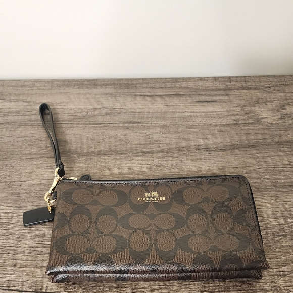 Coach Double Wristlet With Brown Signature C's with Gold Accents (F53563) - Picture 1 of 8